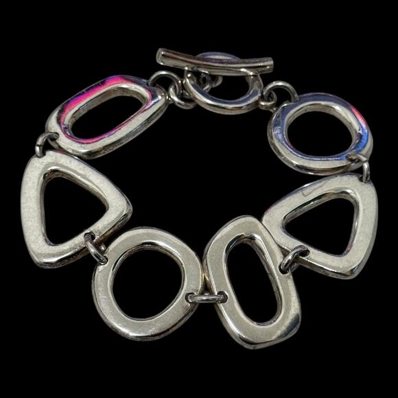 Vintage Multi Shape Link Sterling Size 7.75 inches Toggle Bracelet - Picture 1 of 6